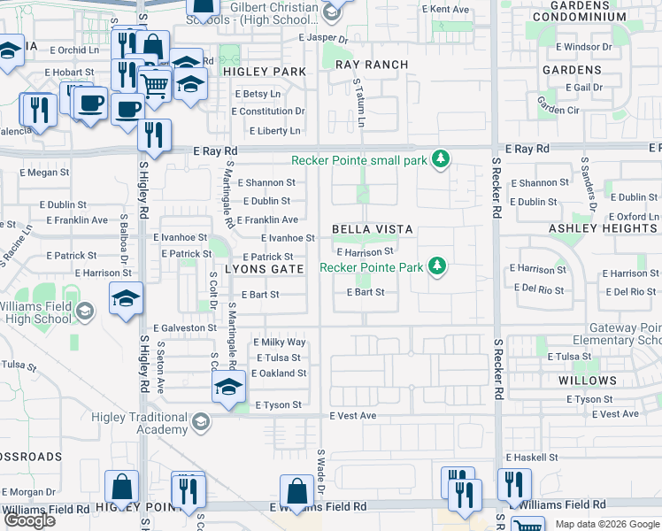 map of restaurants, bars, coffee shops, grocery stores, and more near 1880 South Arroyo Lane in Gilbert