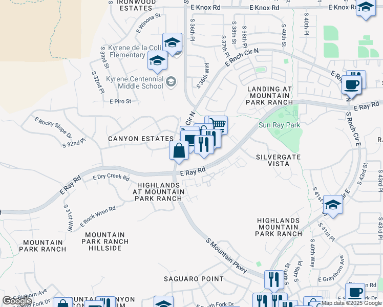 map of restaurants, bars, coffee shops, grocery stores, and more near 3616 East Ray Road in Phoenix