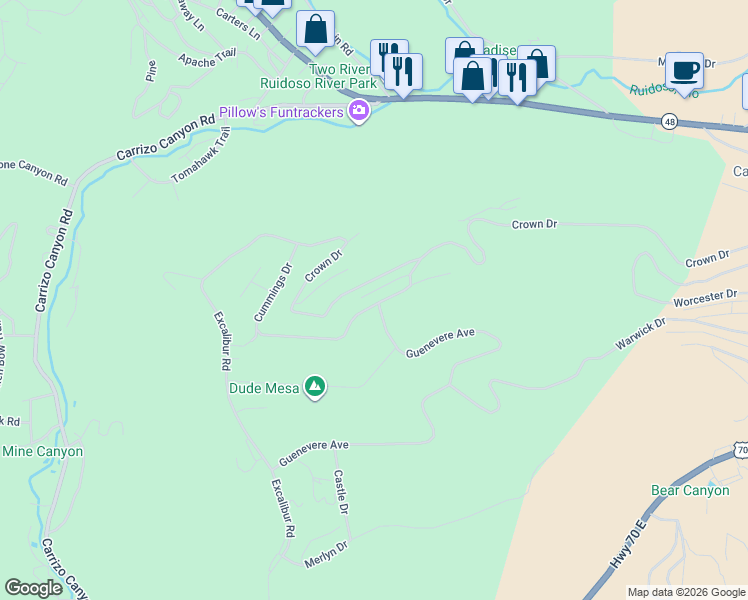 map of restaurants, bars, coffee shops, grocery stores, and more near Allen Way in Ruidoso