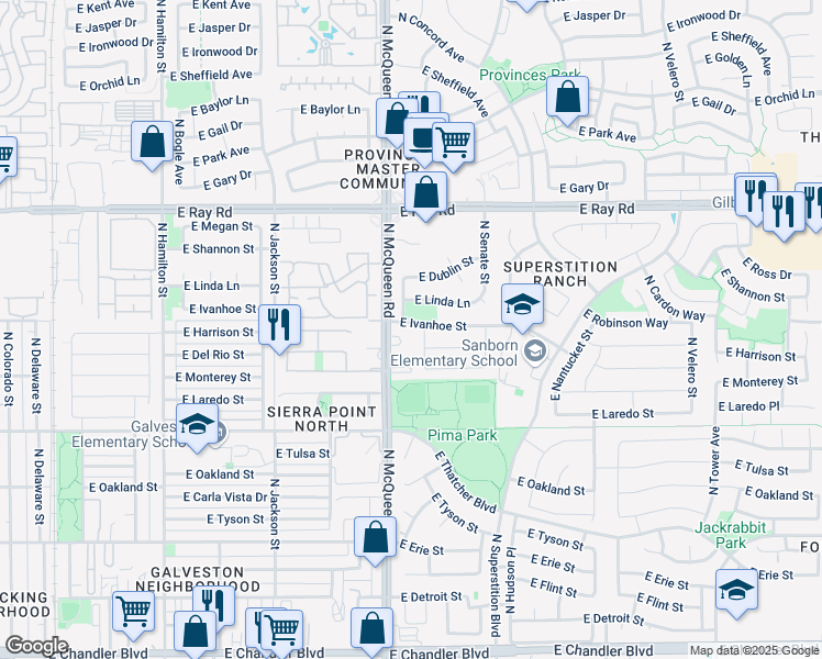map of restaurants, bars, coffee shops, grocery stores, and more near 721 North McQueen Road in Chandler