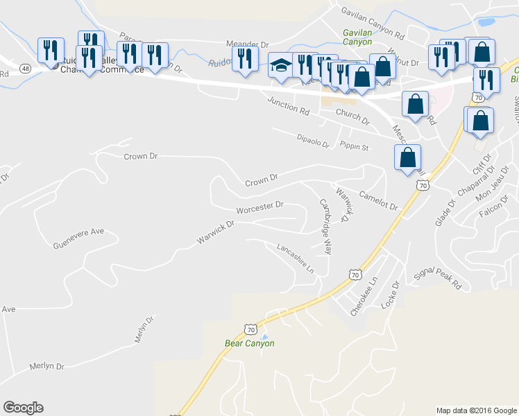map of restaurants, bars, coffee shops, grocery stores, and more near Worcester Drive in Ruidoso