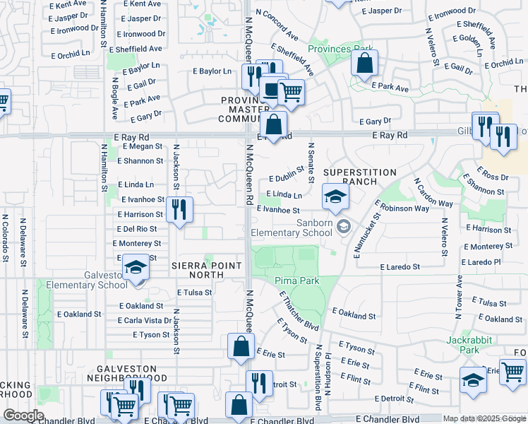 map of restaurants, bars, coffee shops, grocery stores, and more near 721 North McQueen Road in Chandler