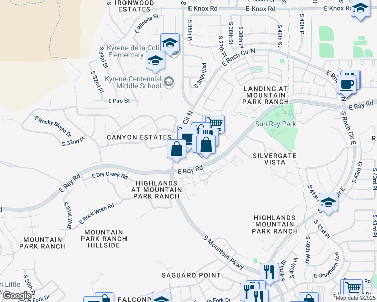 map of restaurants, bars, coffee shops, grocery stores, and more near 3616 East Ray Road in Phoenix