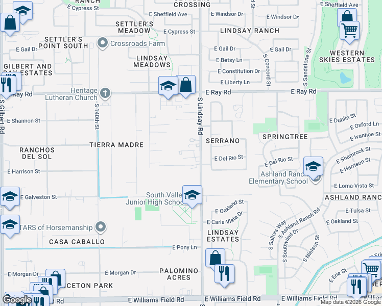 map of restaurants, bars, coffee shops, grocery stores, and more near 1830 South Lindsay Road in Gilbert