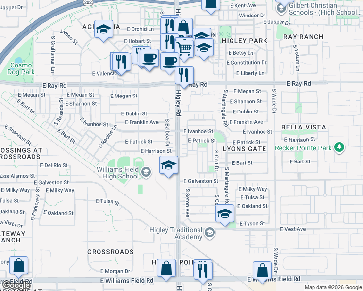 map of restaurants, bars, coffee shops, grocery stores, and more near 1869 South Balboa Drive in Gilbert