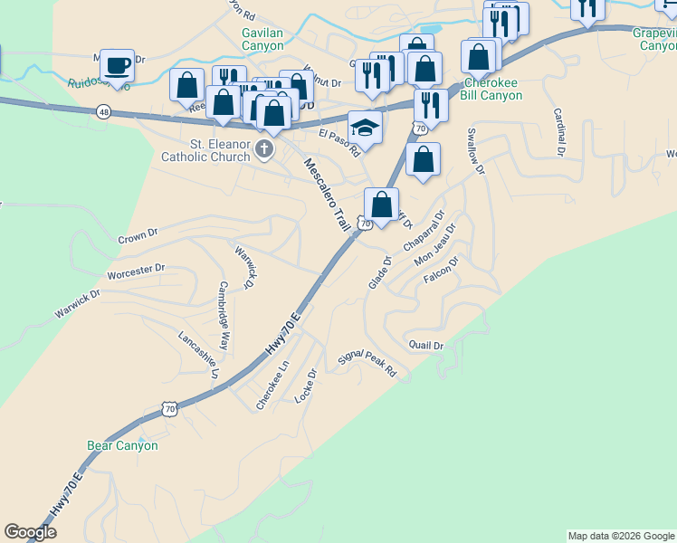 map of restaurants, bars, coffee shops, grocery stores, and more near U.S. 70 in Ruidoso