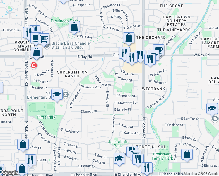 map of restaurants, bars, coffee shops, grocery stores, and more near 781 North Velero Street in Chandler