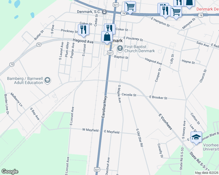 map of restaurants, bars, coffee shops, grocery stores, and more near 274 Ceceile Street in Denmark