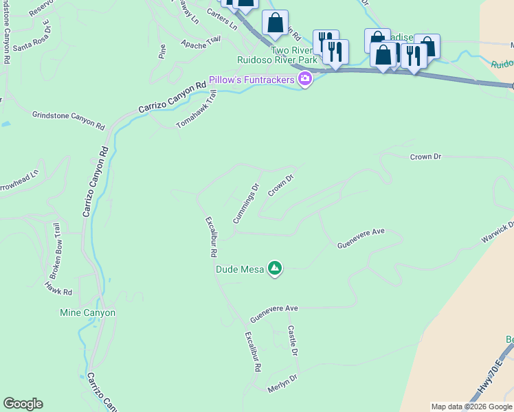 map of restaurants, bars, coffee shops, grocery stores, and more near 299 Crown Drive in Ruidoso