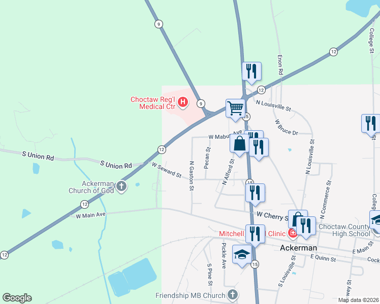 map of restaurants, bars, coffee shops, grocery stores, and more near 201-249 North Gaston Street in Ackerman