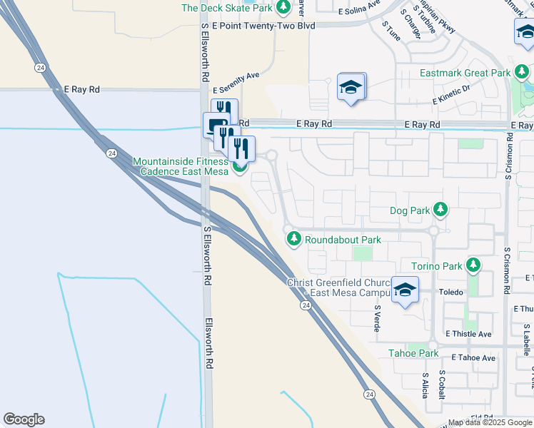 map of restaurants, bars, coffee shops, grocery stores, and more near 14281-14491 South Ellsworth Road in Mesa