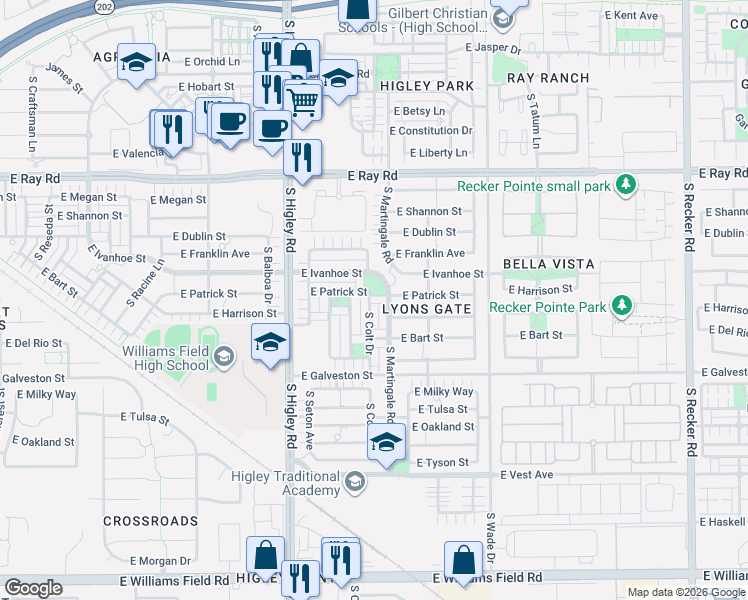 map of restaurants, bars, coffee shops, grocery stores, and more near 1868 South Martingale Road in Gilbert