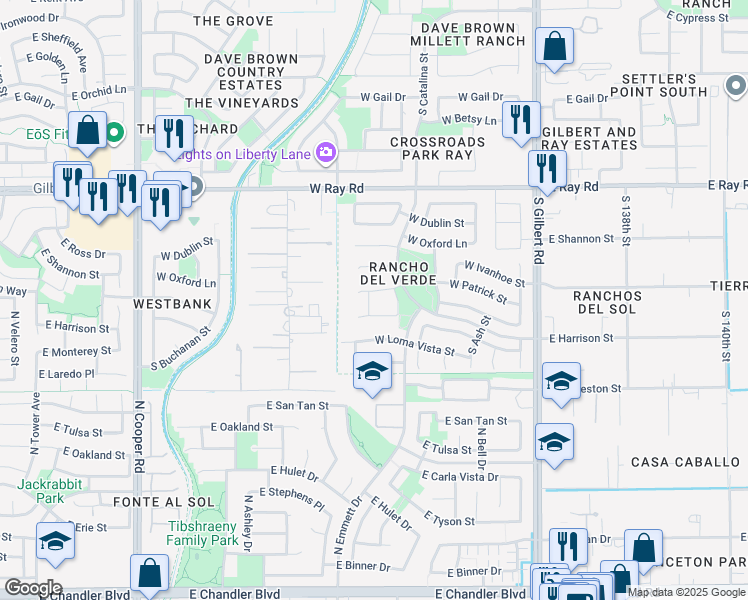 map of restaurants, bars, coffee shops, grocery stores, and more near 304 West Del Rio Street in Gilbert