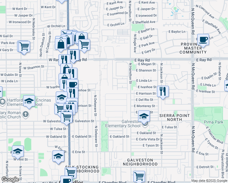 map of restaurants, bars, coffee shops, grocery stores, and more near 425 East Harrison Street in Chandler
