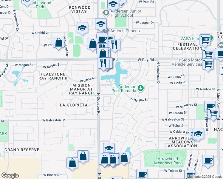 map of restaurants, bars, coffee shops, grocery stores, and more near 855 North Dobson Road in Chandler
