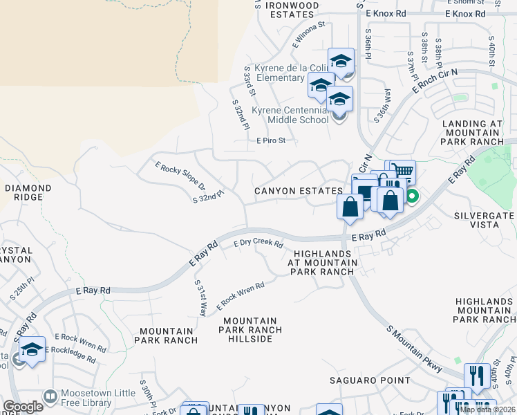 map of restaurants, bars, coffee shops, grocery stores, and more near 3327 East Rocky Slope Drive in Phoenix