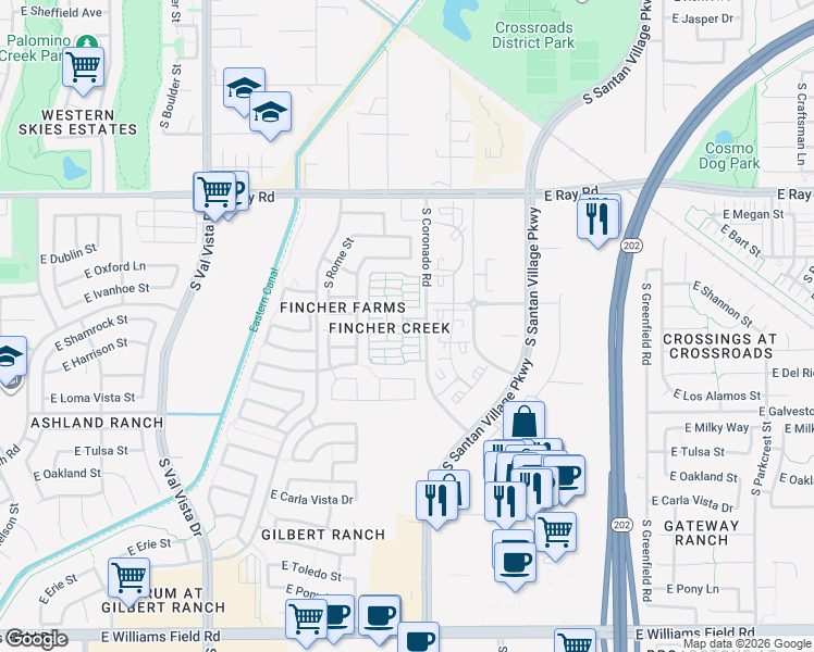 map of restaurants, bars, coffee shops, grocery stores, and more near 1964 East Harrison Street in Gilbert