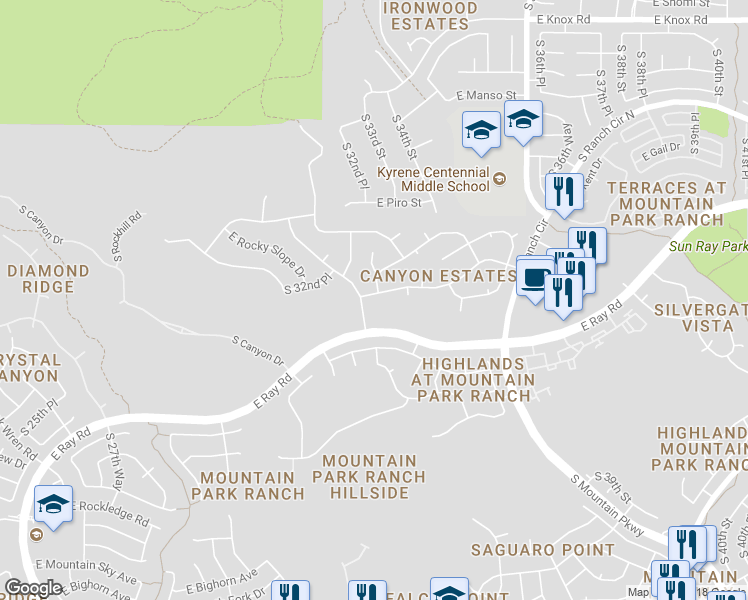 map of restaurants, bars, coffee shops, grocery stores, and more near 3327 East Rocky Slope Drive in Phoenix
