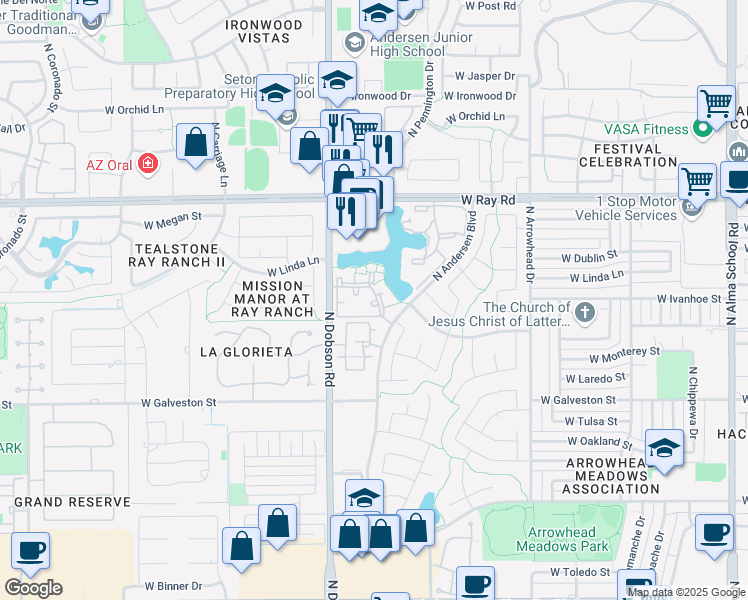 map of restaurants, bars, coffee shops, grocery stores, and more near 855 North Dobson Road in Chandler