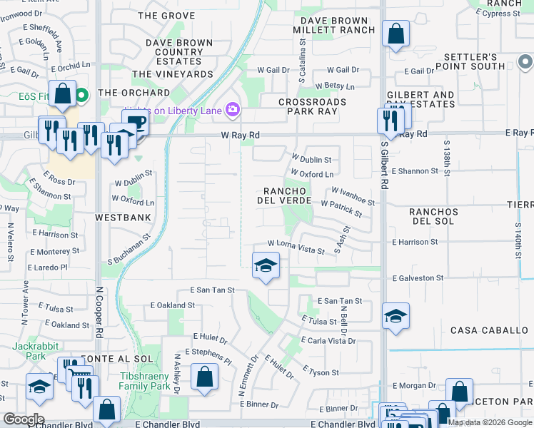 map of restaurants, bars, coffee shops, grocery stores, and more near 304 West Del Rio Street in Gilbert