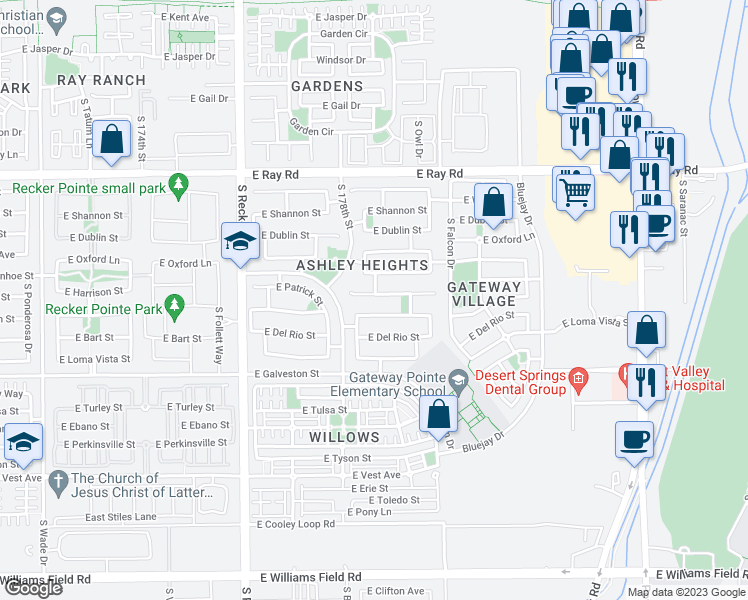 map of restaurants, bars, coffee shops, grocery stores, and more near 4198 East Harrison Street in Gilbert