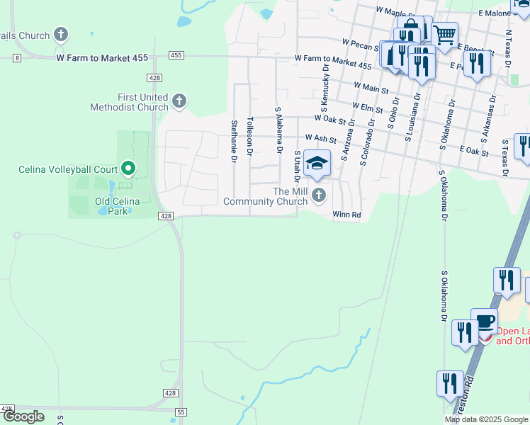 map of restaurants, bars, coffee shops, grocery stores, and more near 949 West Sunset Boulevard in Celina