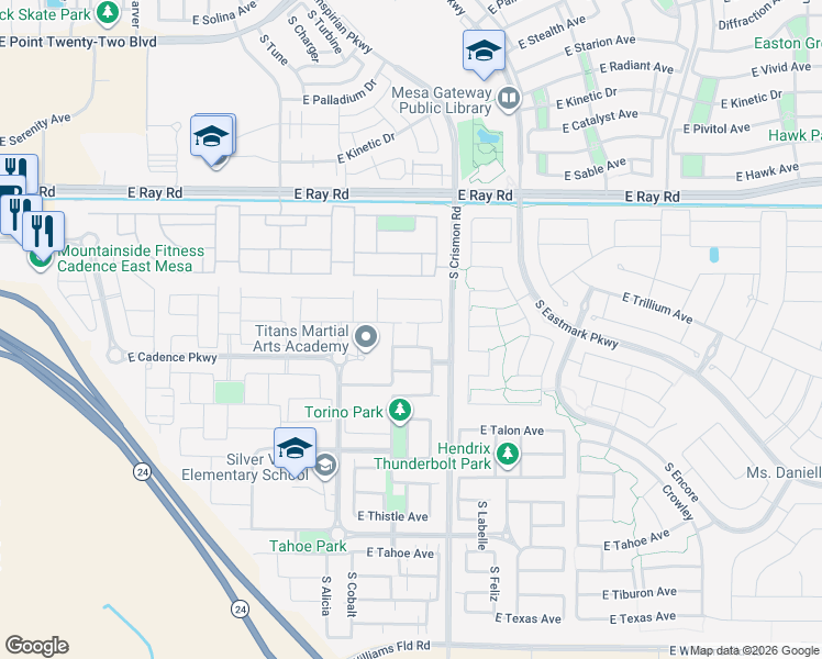 map of restaurants, bars, coffee shops, grocery stores, and more near 5433 South Caisson Way in Mesa