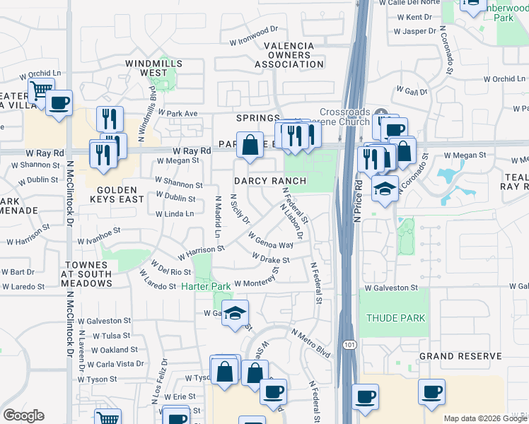 map of restaurants, bars, coffee shops, grocery stores, and more near 743 North Sicily Drive in Chandler