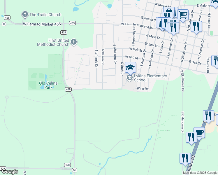 map of restaurants, bars, coffee shops, grocery stores, and more near 949 West Sunset Boulevard in Celina