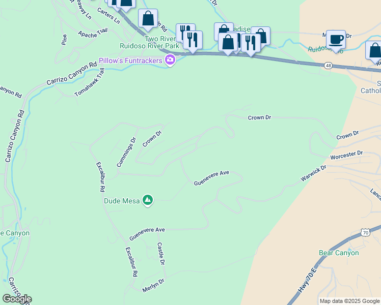 map of restaurants, bars, coffee shops, grocery stores, and more near Allen Way in Ruidoso