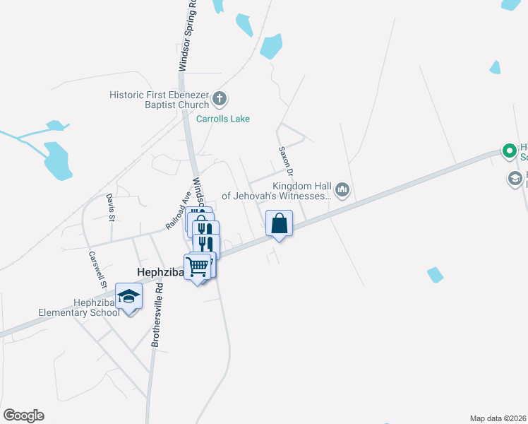 map of restaurants, bars, coffee shops, grocery stores, and more near 4410 Traylor Street in Hephzibah