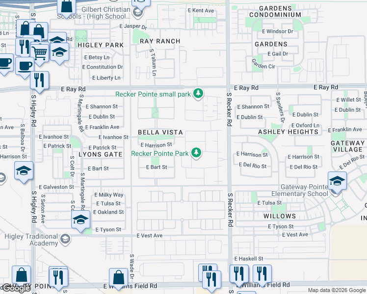 map of restaurants, bars, coffee shops, grocery stores, and more near 1871 South Henry Lane in Gilbert