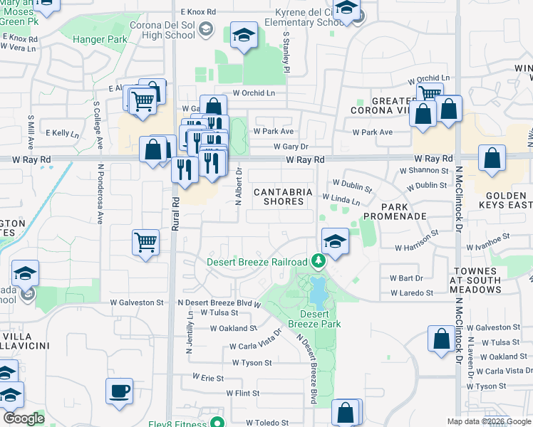 map of restaurants, bars, coffee shops, grocery stores, and more near 4659 West Harrison Street in Chandler