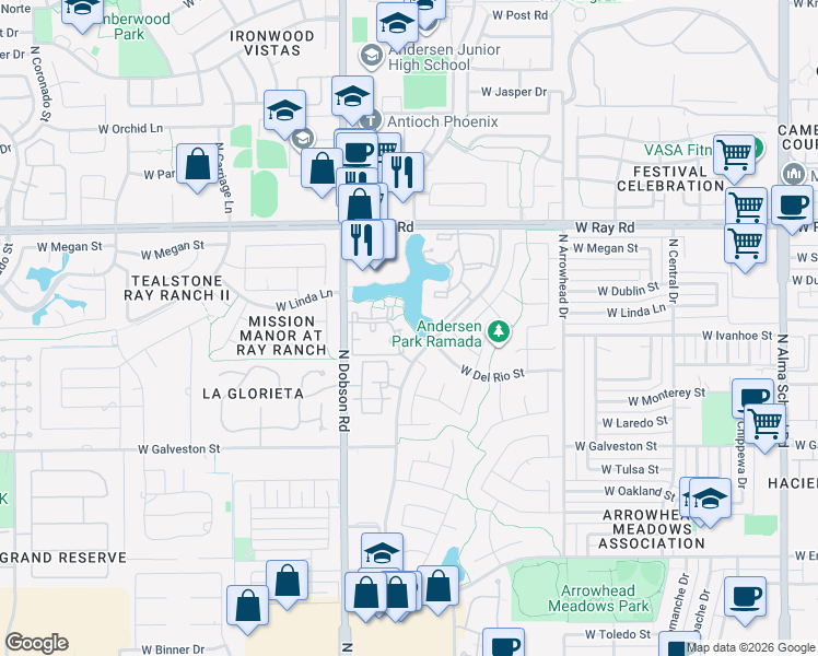 map of restaurants, bars, coffee shops, grocery stores, and more near 855 North Dobson Road in Chandler