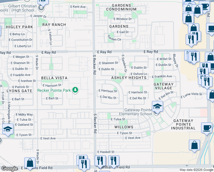 map of restaurants, bars, coffee shops, grocery stores, and more near 4083 East Harrison Street in Gilbert