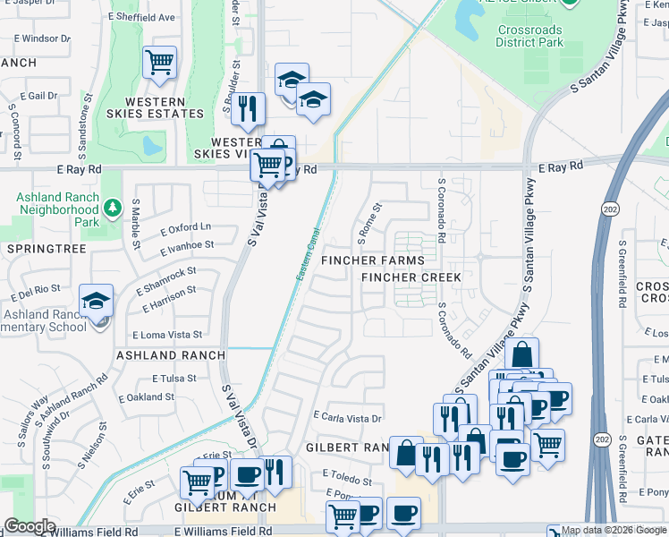 map of restaurants, bars, coffee shops, grocery stores, and more near 1793 East Harrison Street in Gilbert