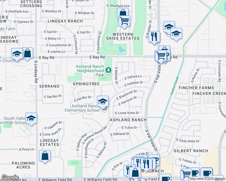 map of restaurants, bars, coffee shops, grocery stores, and more near 1342 East Shamrock Street in Gilbert