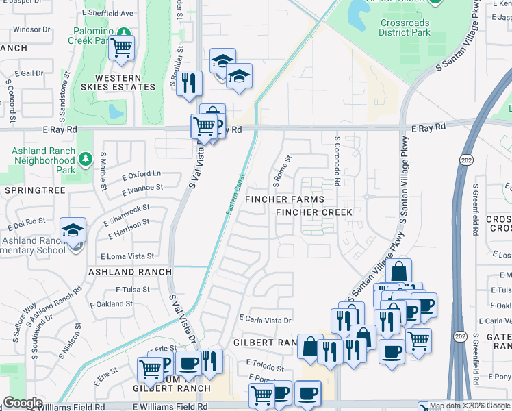 map of restaurants, bars, coffee shops, grocery stores, and more near 1793 East Harrison Street in Gilbert