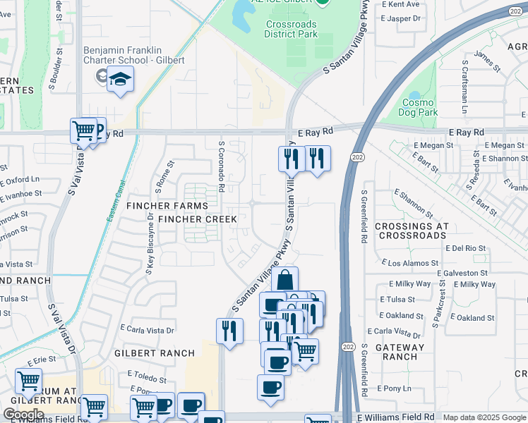 map of restaurants, bars, coffee shops, grocery stores, and more near 1800 Santan Village Parkway in Gilbert
