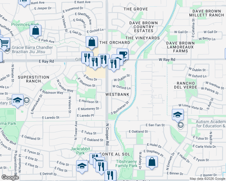 map of restaurants, bars, coffee shops, grocery stores, and more near 746 West Del Rio Street in Gilbert