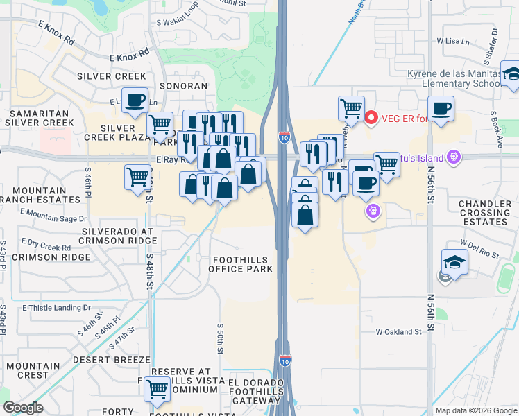 map of restaurants, bars, coffee shops, grocery stores, and more near 5051 East Ray Road in Phoenix