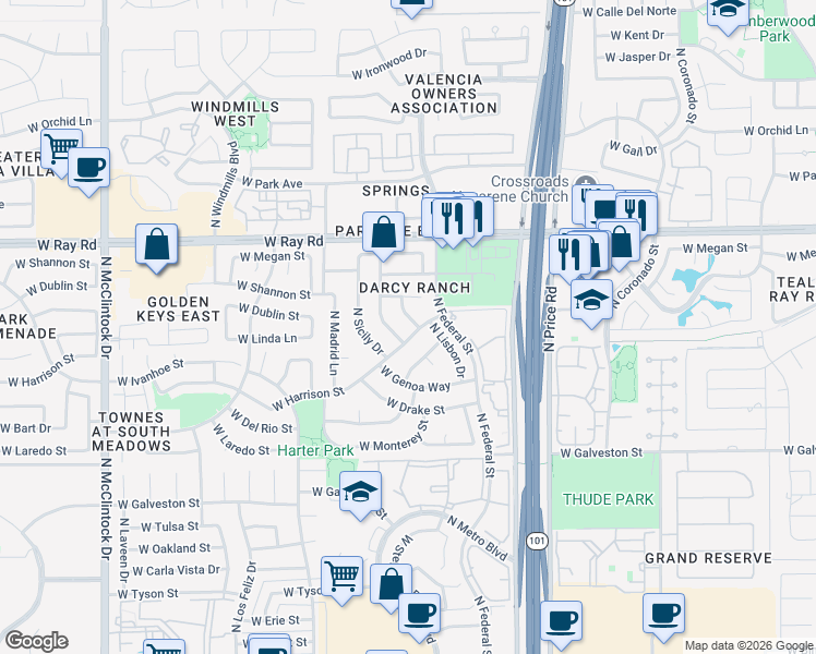 map of restaurants, bars, coffee shops, grocery stores, and more near 3261 West Shannon Place in Chandler