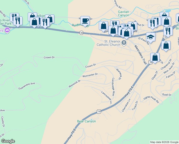 map of restaurants, bars, coffee shops, grocery stores, and more near 214 Camelot Drive in Ruidoso
