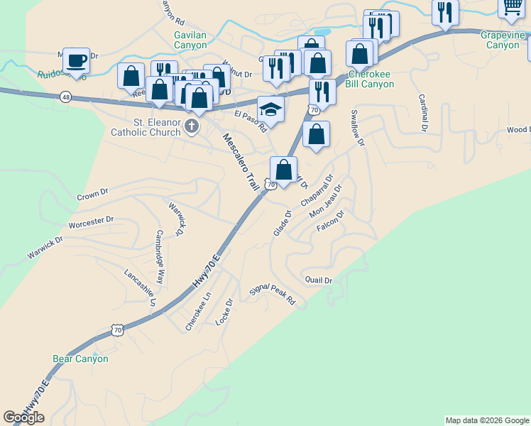map of restaurants, bars, coffee shops, grocery stores, and more near U.S. 70 in Ruidoso