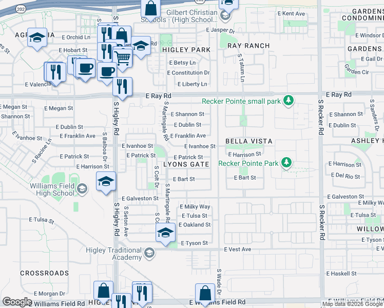 map of restaurants, bars, coffee shops, grocery stores, and more near 3468 East Ivanhoe Street in Gilbert