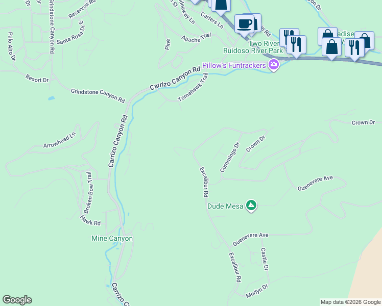 map of restaurants, bars, coffee shops, grocery stores, and more near 226 Excalibur Road in Ruidoso