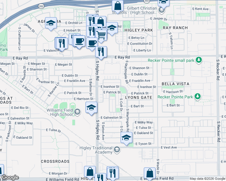 map of restaurants, bars, coffee shops, grocery stores, and more near 3322 East Ivanhoe Street in Gilbert