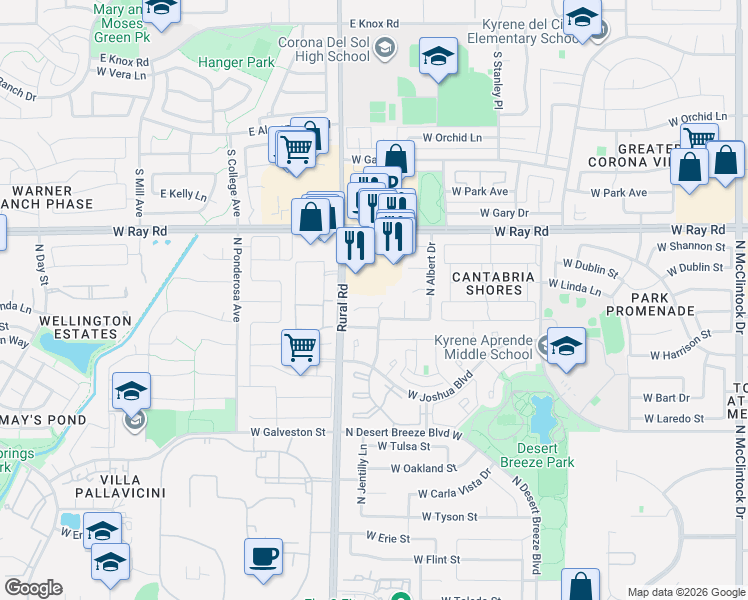 map of restaurants, bars, coffee shops, grocery stores, and more near 850 North Jentilly Lane in Chandler