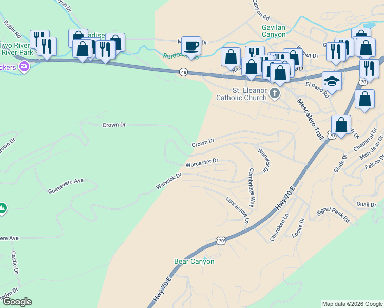 map of restaurants, bars, coffee shops, grocery stores, and more near 214 Camelot Drive in Ruidoso