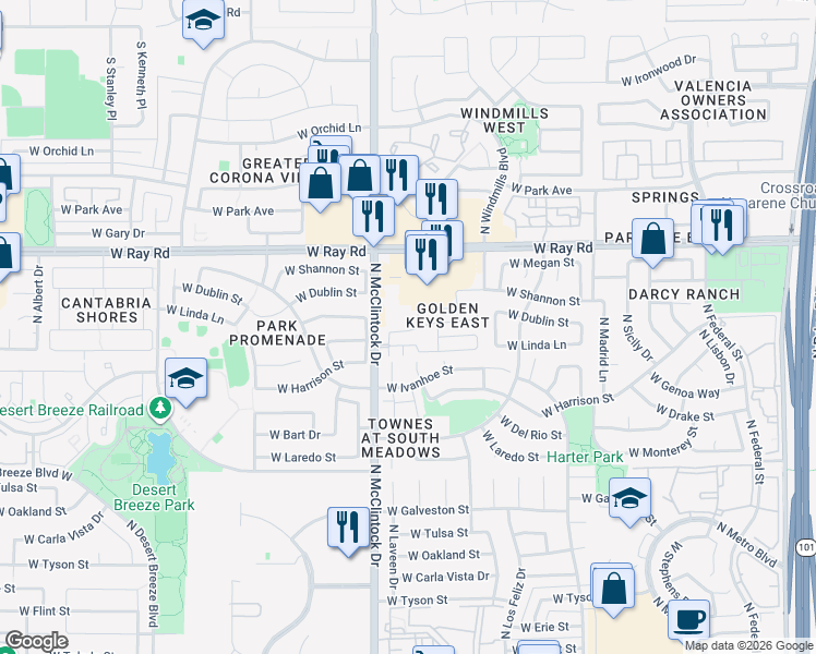 map of restaurants, bars, coffee shops, grocery stores, and more near 875 North McClintock Drive in Chandler